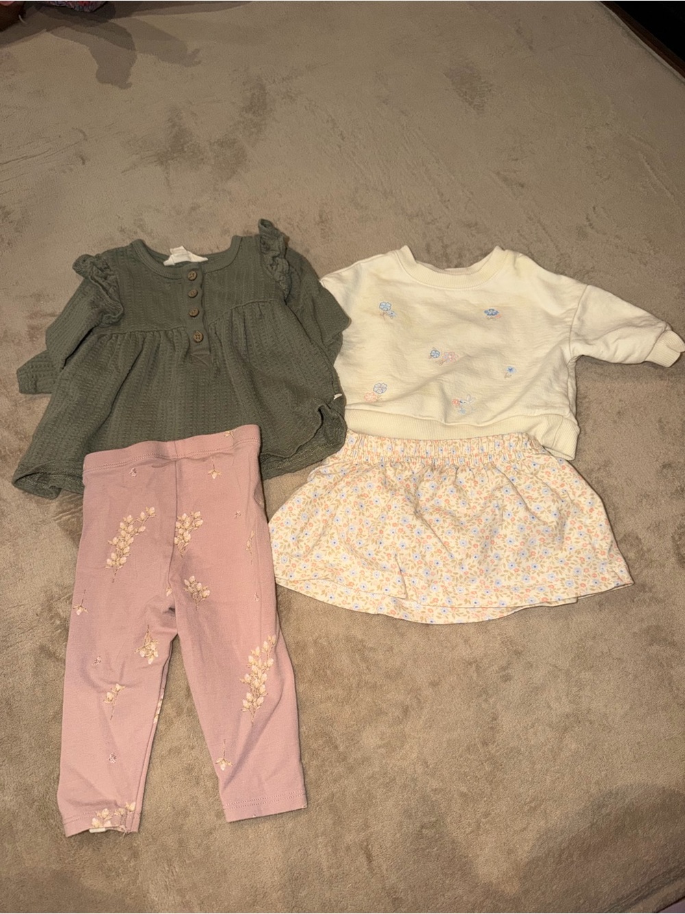 Baby's Green Knit Top & Cream Floral Set - Soft Matching Outfit